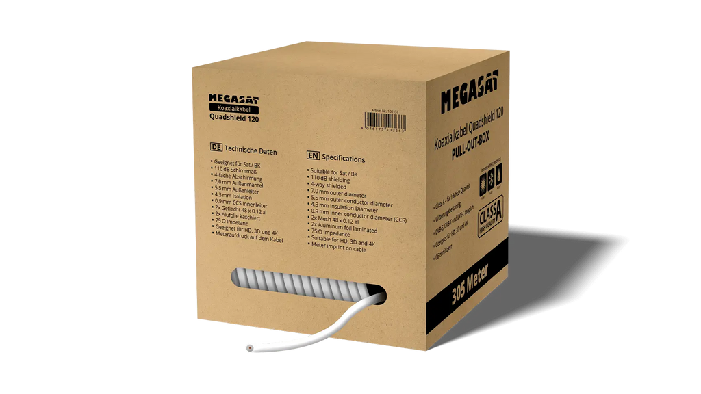MEGASAT Quad Shield Koaxialkabel – 305 m Pull-out-Box