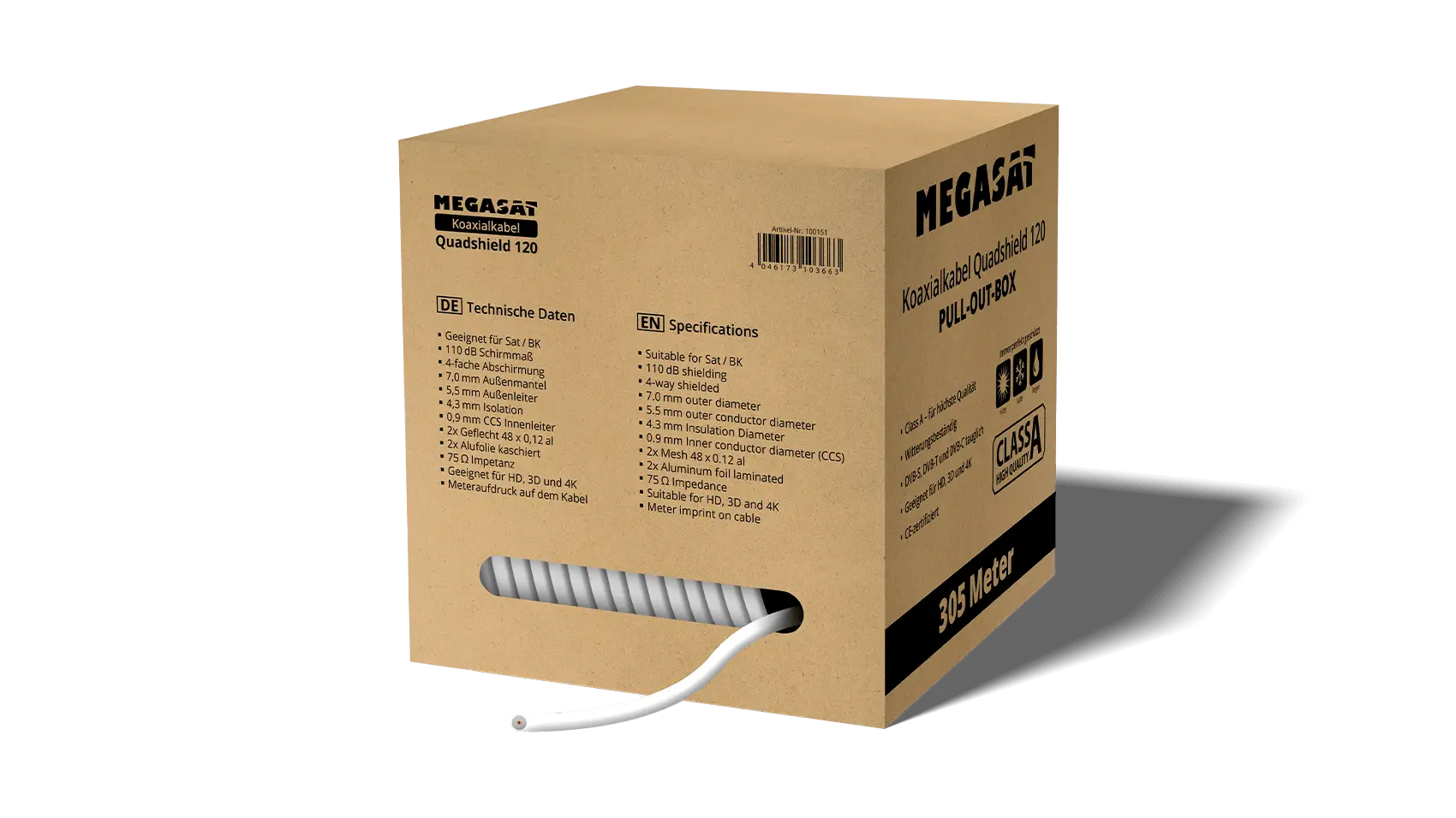 MEGASAT Quad Shield Koaxialkabel – 305 m Pull-out-Box