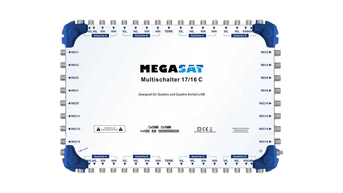MEGASAT Multischalter 17/16 kaskadierbar, inkl. Netzteil – Frontansicht