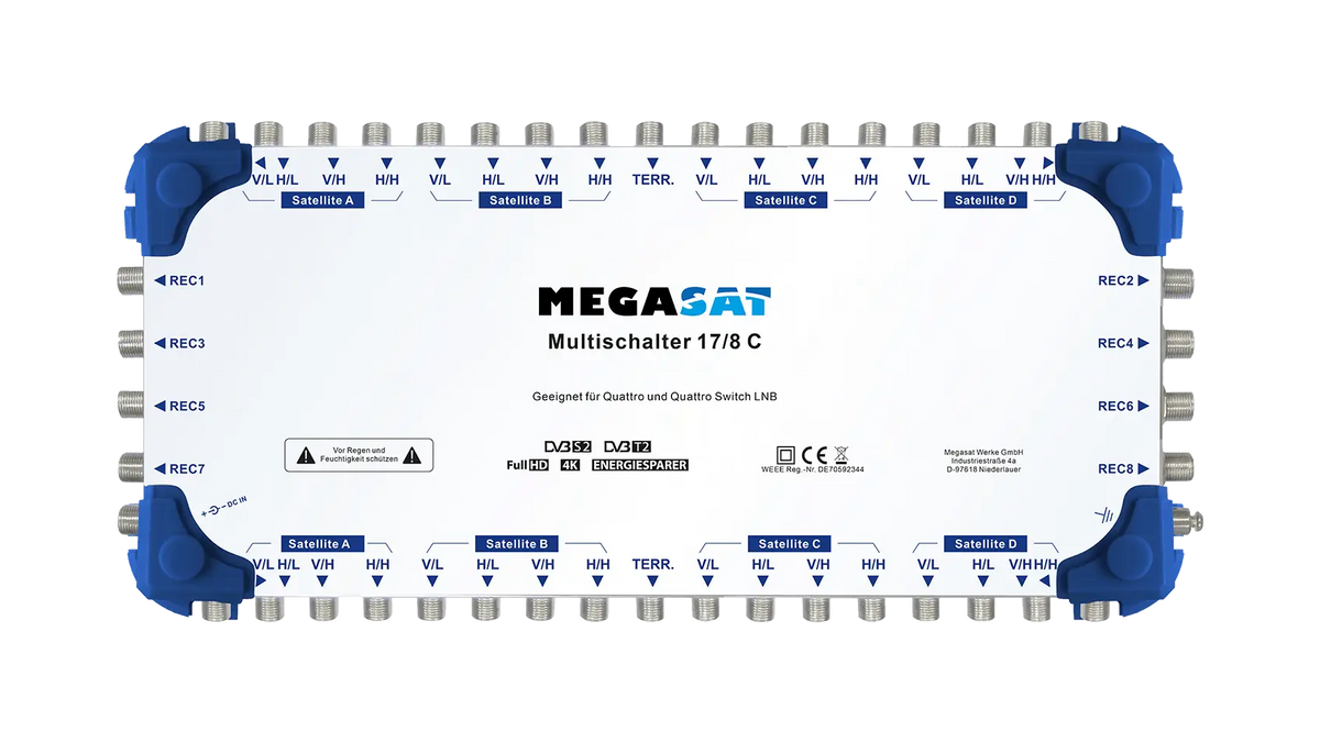 MEGASAT Multischalter 17/8 kaskadierbar, inkl. Netzteil – Frontansicht