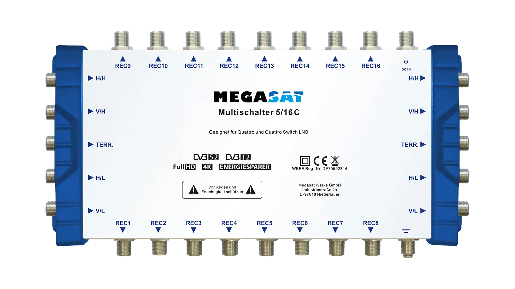 MEGASAT Multischalter 5/16 kaskadierbar, inkl. Netzteil – Frontansicht